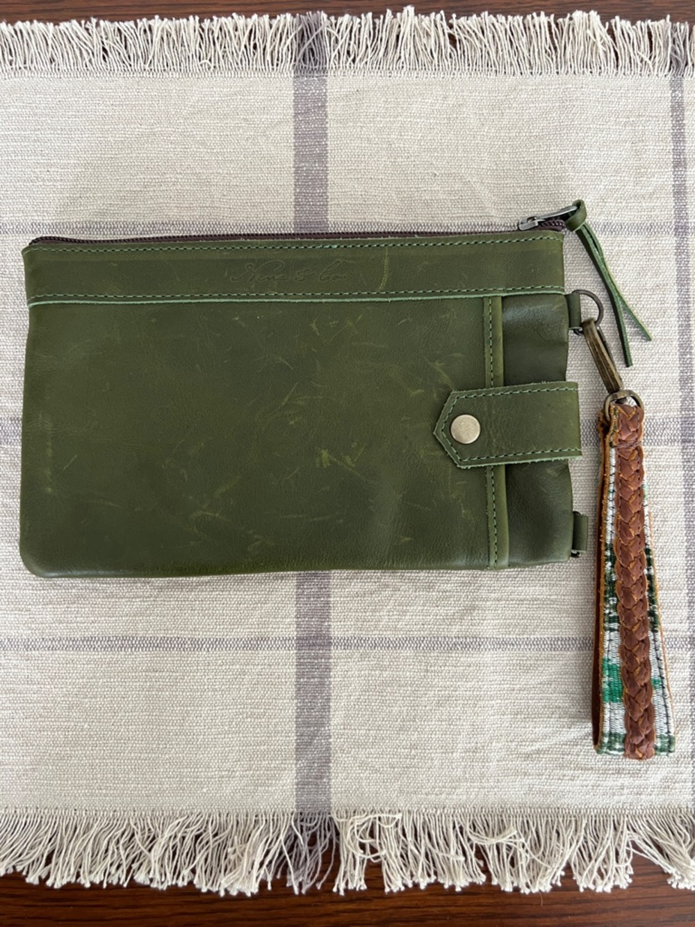 Nena & Co. Olive Green Leather Wristlet Clutch with Brown Strap